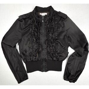 VTG Charlotte Russe Ruffle Tux Front Bomber Jacket‎ Womens Small Black Y2K EUC